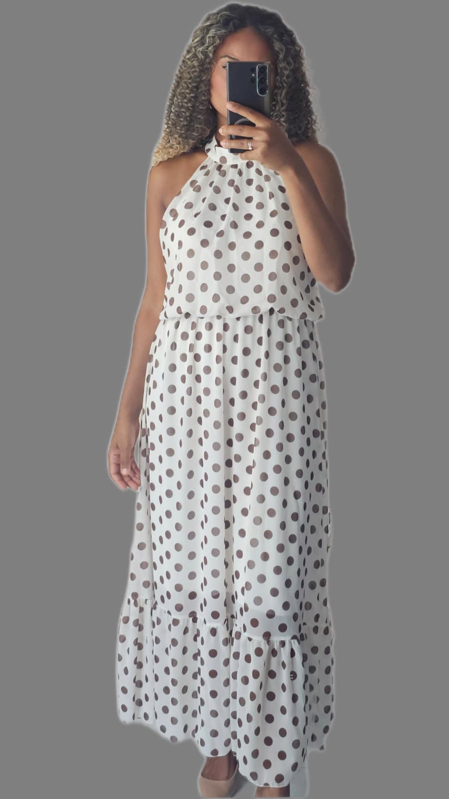 Abito Maxi "Polka Dot Dream" - Bianco e Marrone con Balze