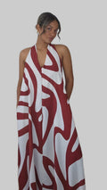 Abito Lungo con Stampa Astratta Rosso Terracotta e Bianco con Scollo Halter