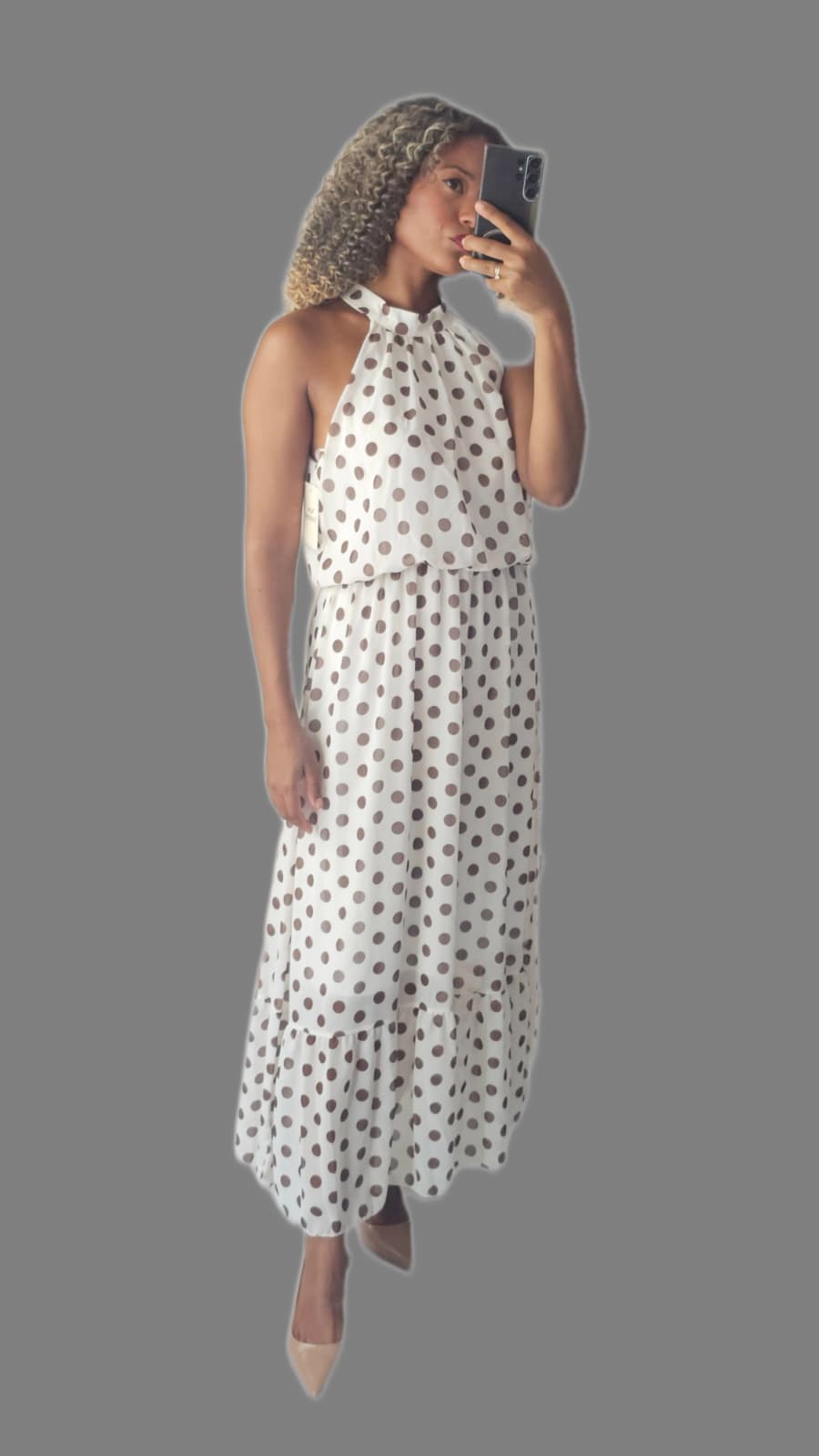 Abito Maxi "Polka Dot Dream" - Bianco e Marrone con Balze